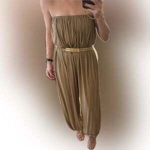 Mango Selection Strapless Khaki Jumpsuit with Bubble/Balloon Hem, Medium NWOT